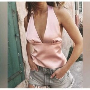 Zara Deep V Halterneck Backless Satin Effect Top Pink Size XXL NWT